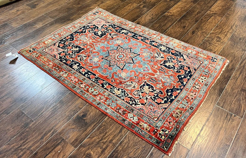Antique Persian Bidjar Rug 4x5, Red and Blue, Hand Knotted Wool Carpet by Jewel Rugs