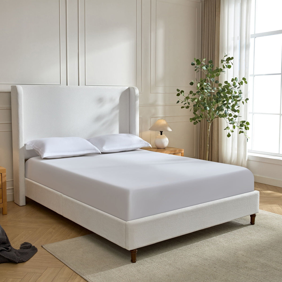Tall Headboard Upholstered Bed with No Box Spring Needed - Cream, photo 25 of 40