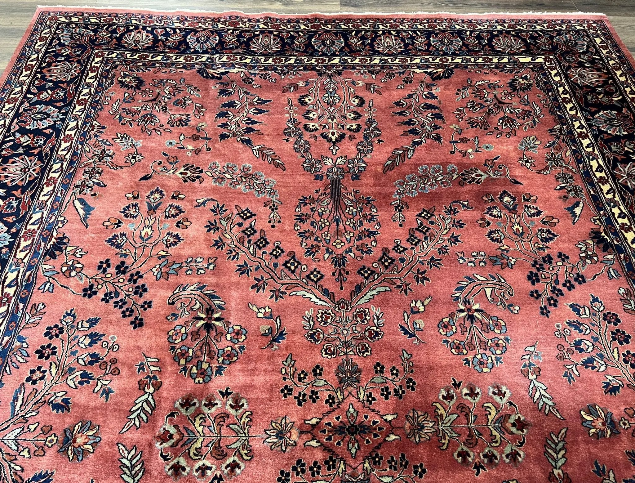 Indo Sarouk Rug 10x14, Vintage Indian Persian Area Rug 10 x 14, Wool Hand-Knotted Oriental Carpet, Red Floral Allover Large Rug, Beautiful by Jewel Rugs