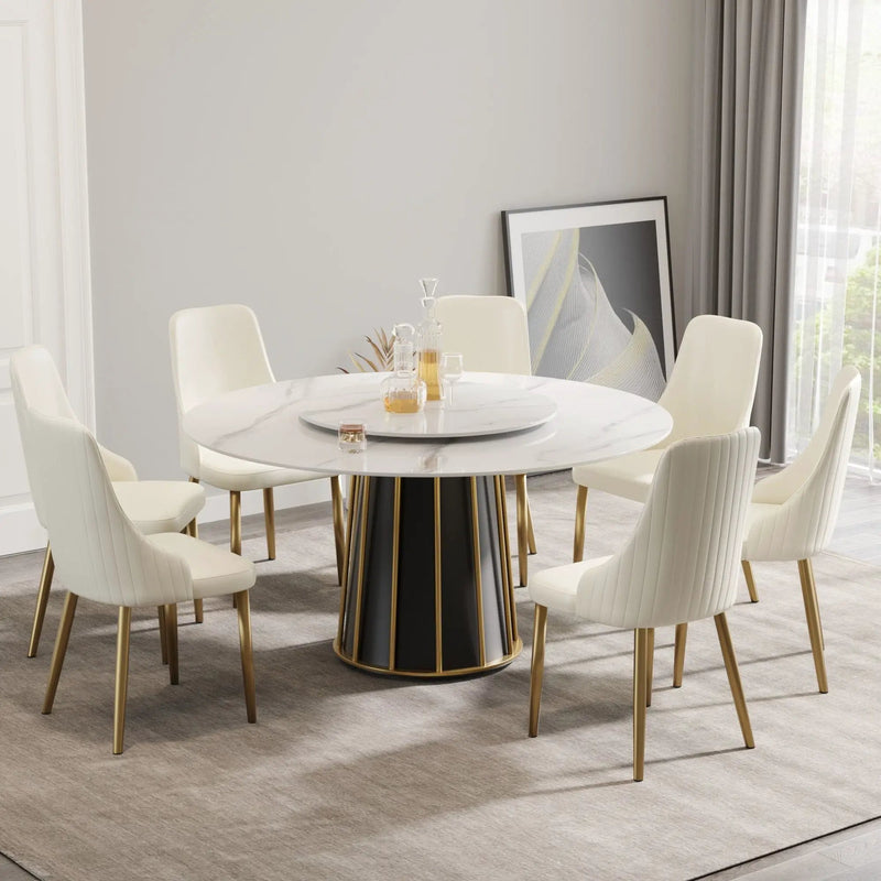 59.05" Modern Artificial Stone Round Panel Metal Iron Base Dining Table, Can Accommodate 8 People Artificial Stone Turntable (Not Including Chairs) - White / Black by HouseOfZazla