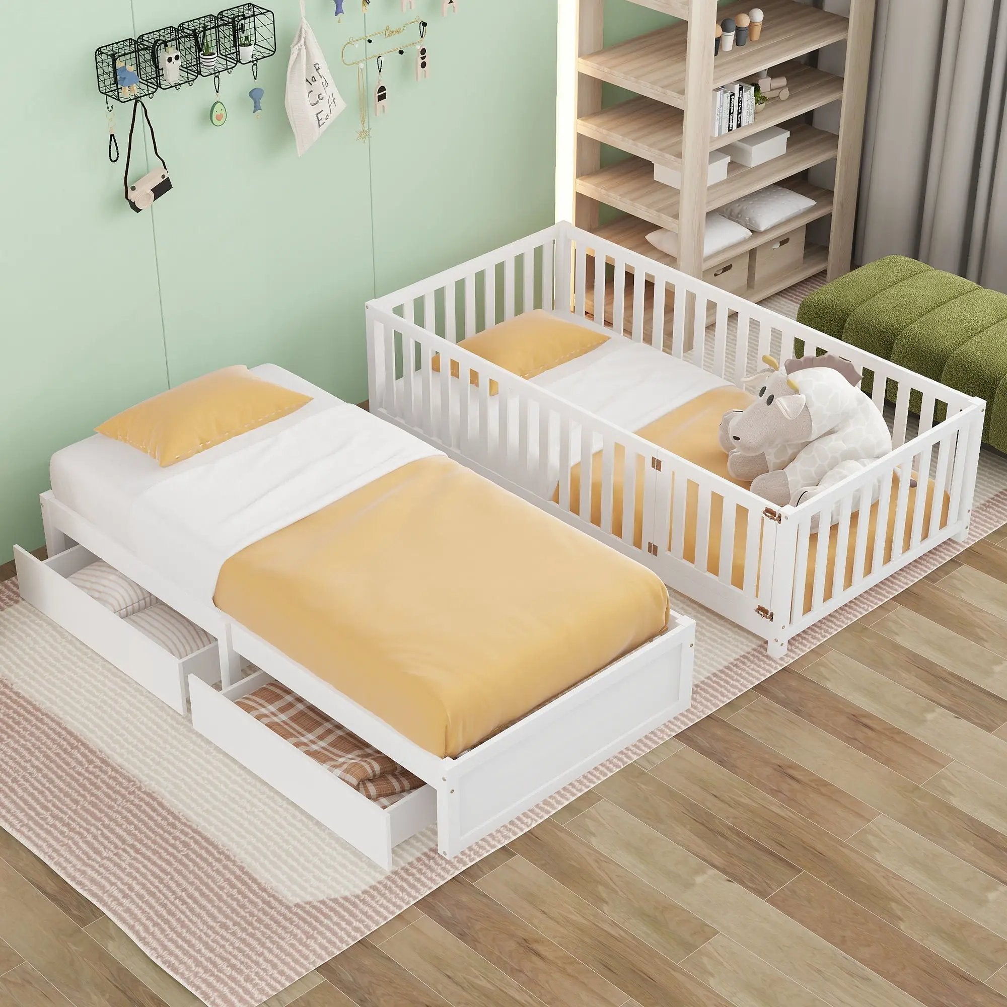 Daybed With Fence Guardrails And 2 Drawers, Split Into Independent Floor Bed & Daybed by HouseOfZazla