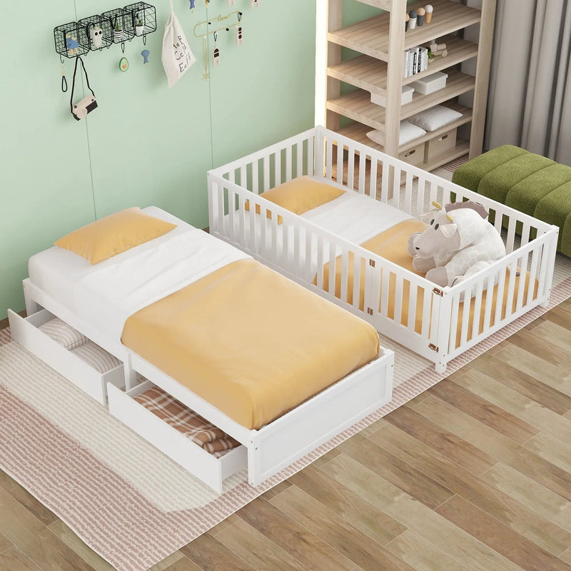 Daybed With Fence Guardrails And 2 Drawers, Split Into Independent Floor Bed & Daybed by HouseOfZazla