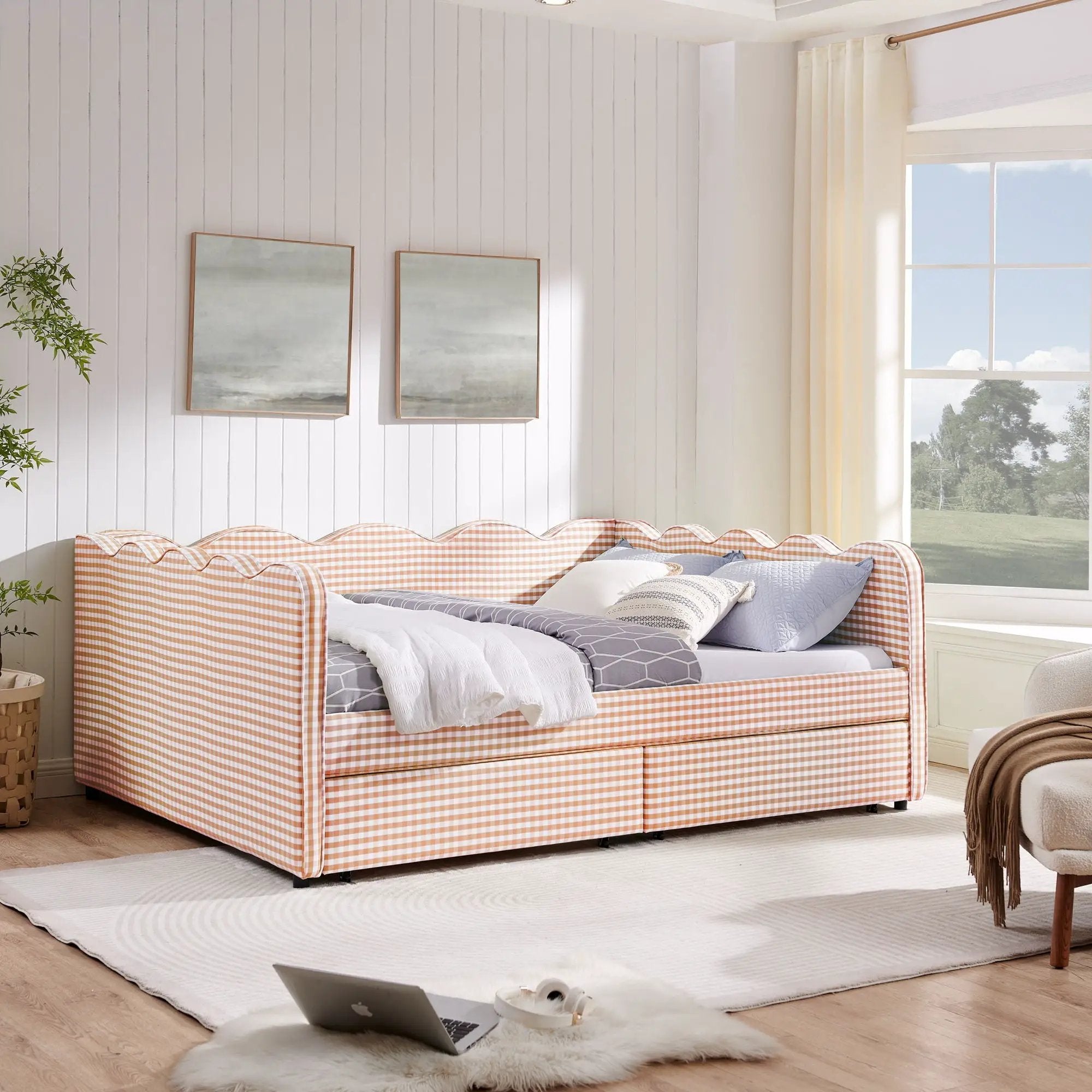 Gingham Daybed With USB Charging Port, Wave-Shaped Design by Unique Piece Furniture