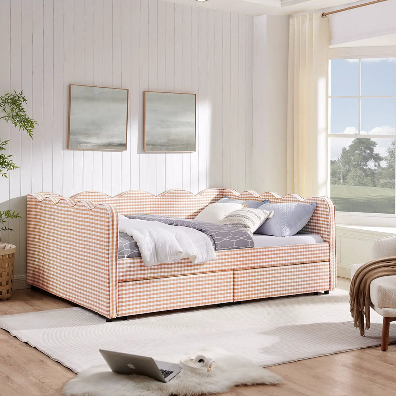 Gingham Daybed With USB Charging Port, Wave-Shaped Design by HouseOfZazla