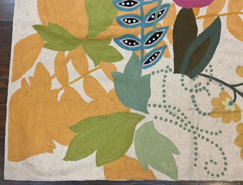 Indian Chain Stitched Rug 4x6, Hand Stitched Indian Embroidery Carpet, Large Floral Design, Contemporary, Cream and Colorful Flowers, Wool by Jewel Rugs