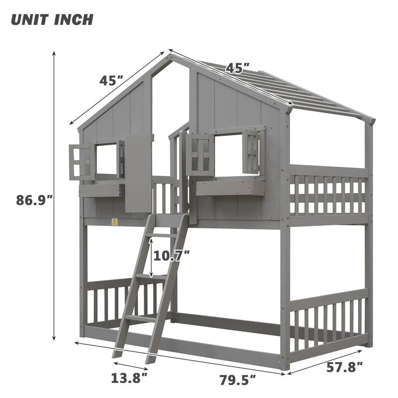 House Bunk Bed With Roof, Window, Window Box, Door, With Safety Guardrails And Ladder by Unique Piece Furniture