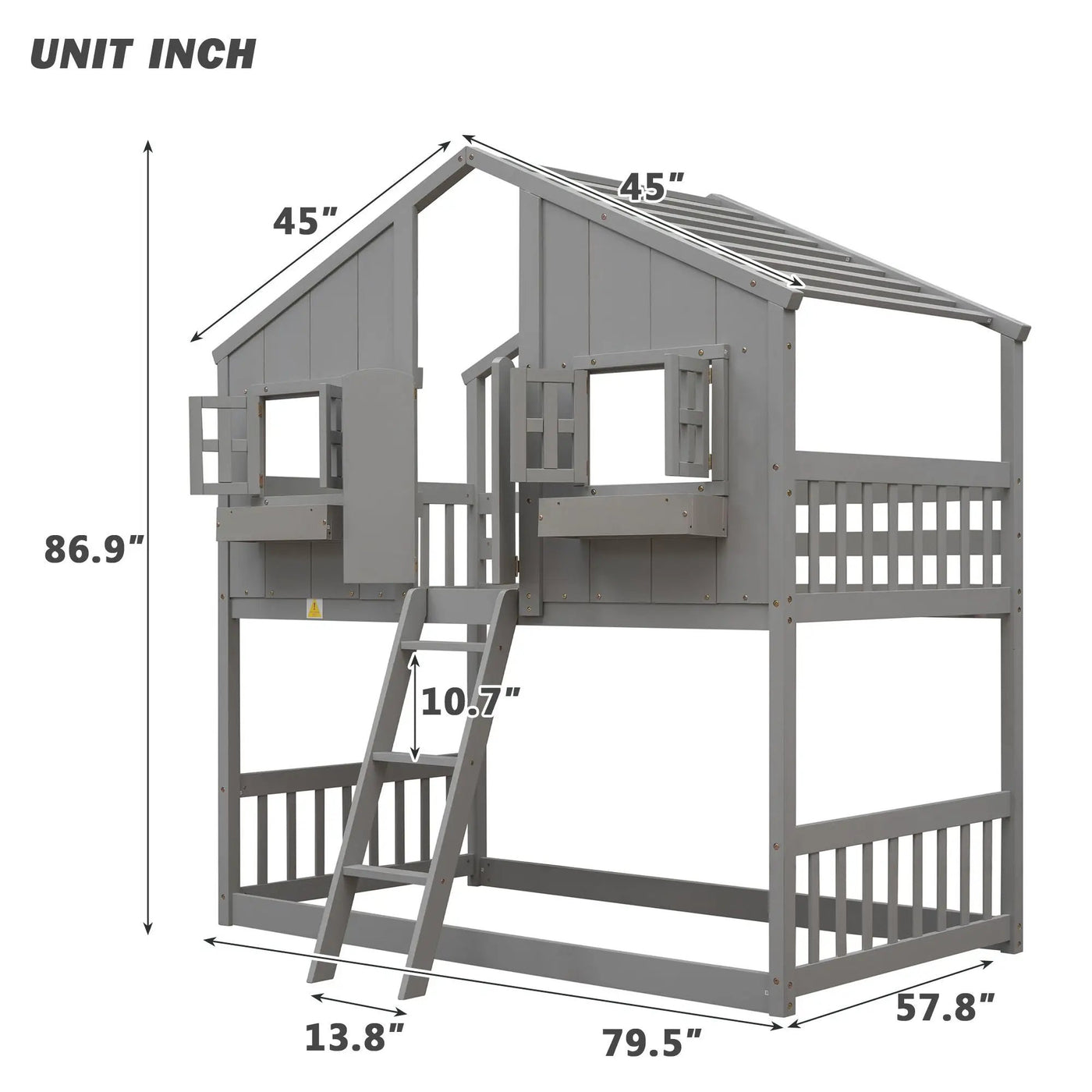House Bunk Bed With Roof, Window, Window Box, Door, With Safety Guardrails And Ladder by HouseOfZazla
