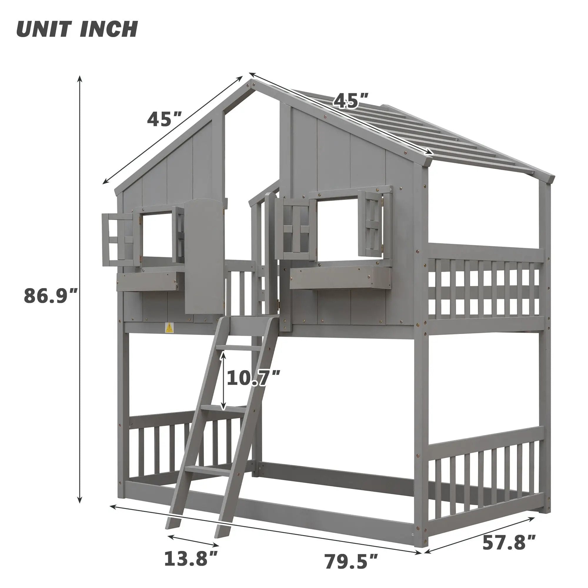 House Bunk Bed With Roof, Window, Window Box, Door, With Safety Guardrails And Ladder by HouseOfZazla