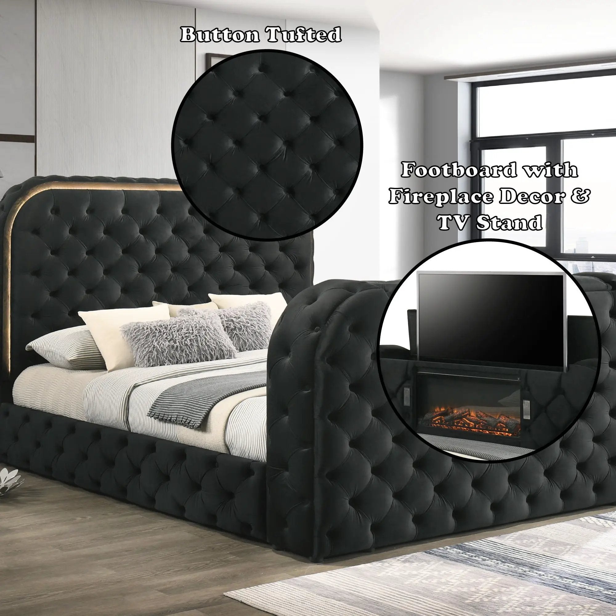 Kana - Eastern King Bed With LED, Fireplace & TV Stand - Black by HouseOfZazla