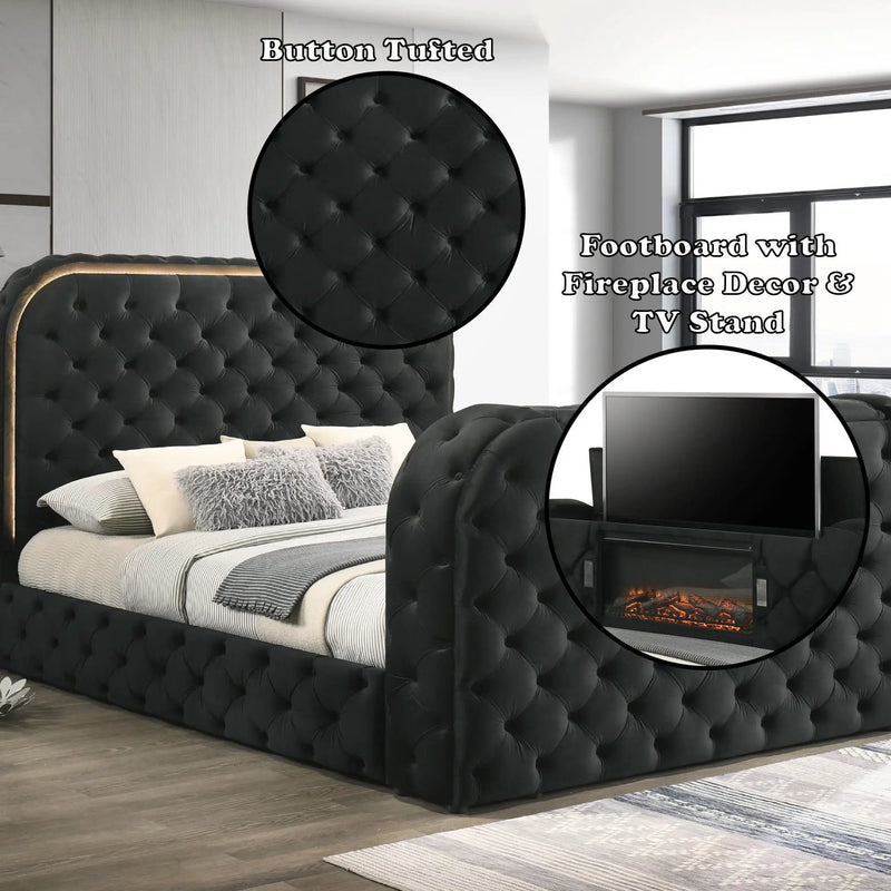 Kana - Eastern King Bed With LED, Fireplace & TV Stand - Black by HouseOfZazla