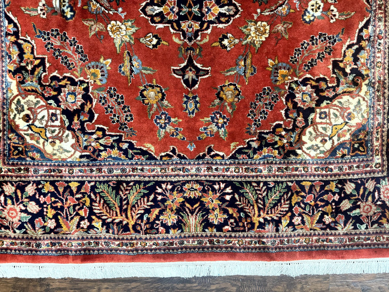 Indo Persian Rug 7x10, Vintage Handmade Wool Carpet, Floral Medallion Traditional Rug, Red and Midnight Blue by Jewel Rugs