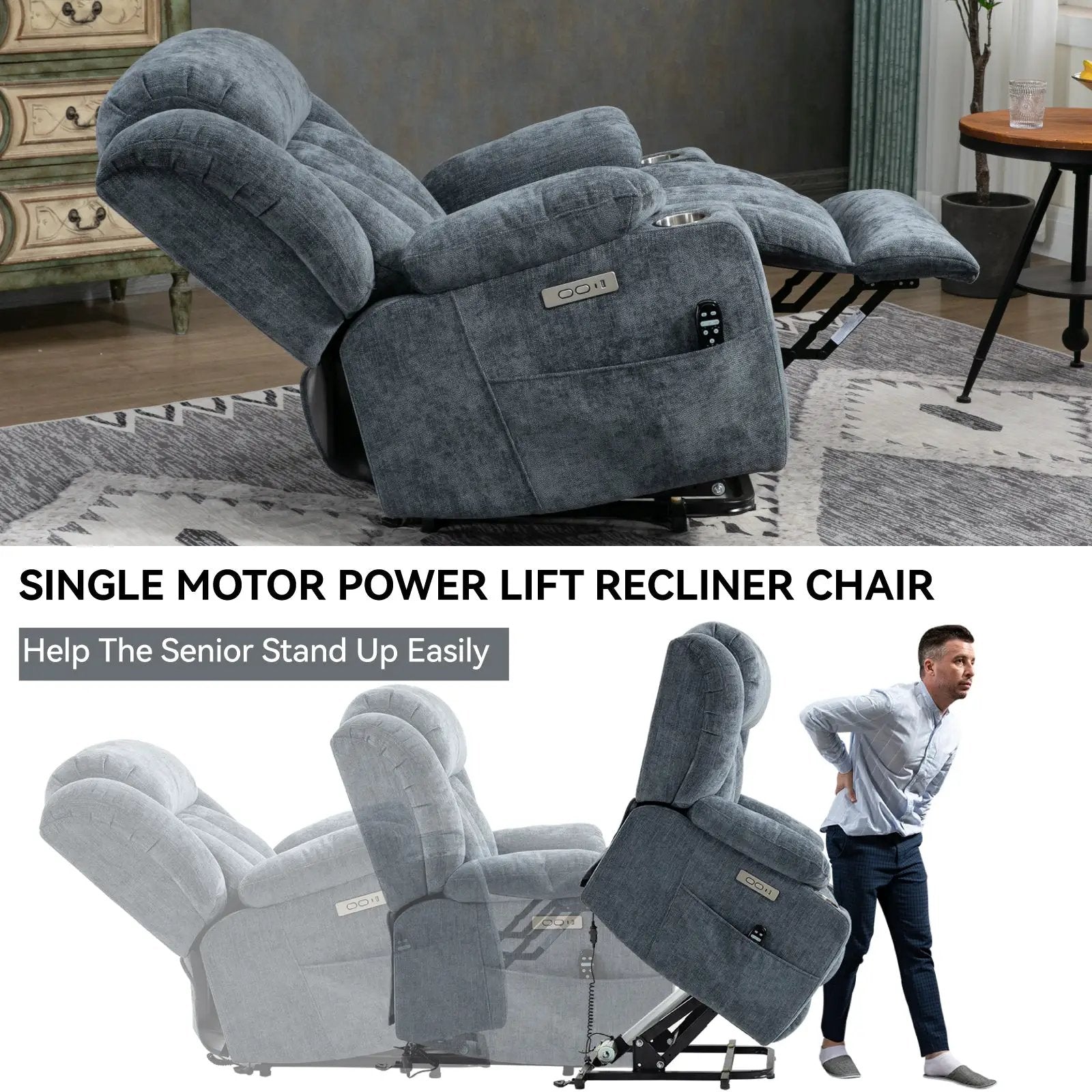 Chenille Power Lift Recliner Chair with Massage & Heating by HouseOfZazla