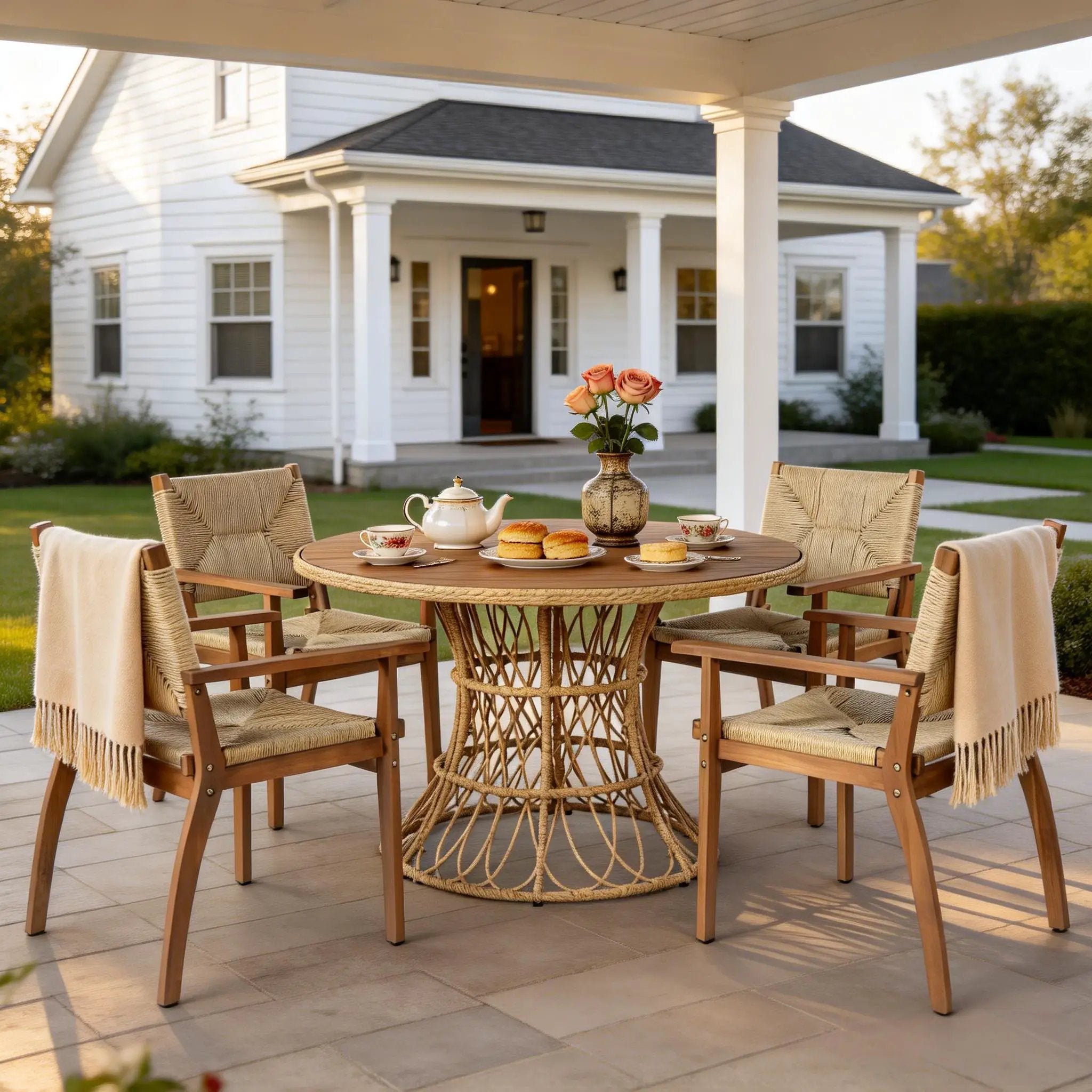 5-Piece Outdoor Dining Set: Teak Finish Round Acacia Wood Table & 4 Wicker Armchairs by HouseOfZazla