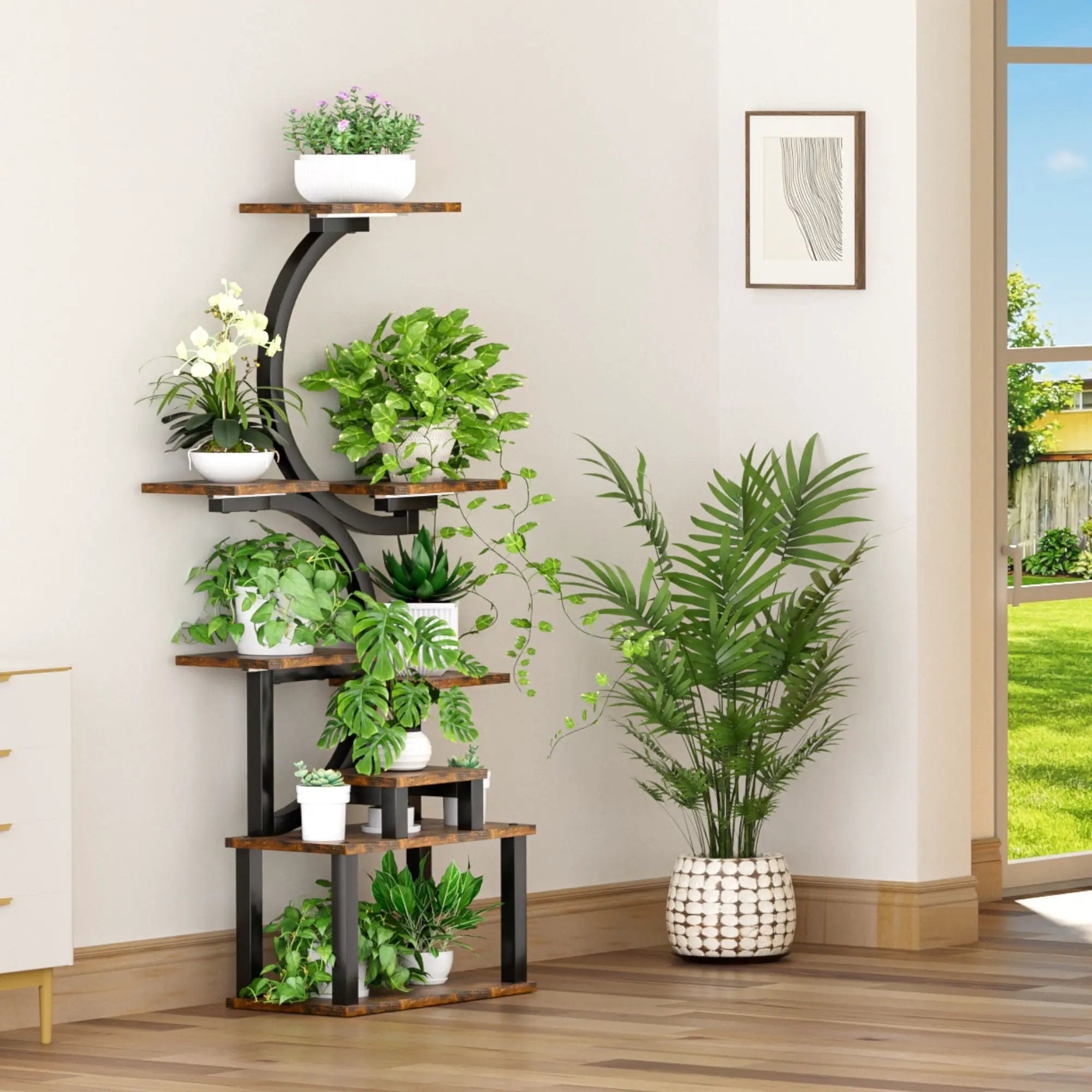 8 Tier Indoor Plant Stand With 5 Grow Lights For Living Room - Rustic Brown by HouseOfZazla