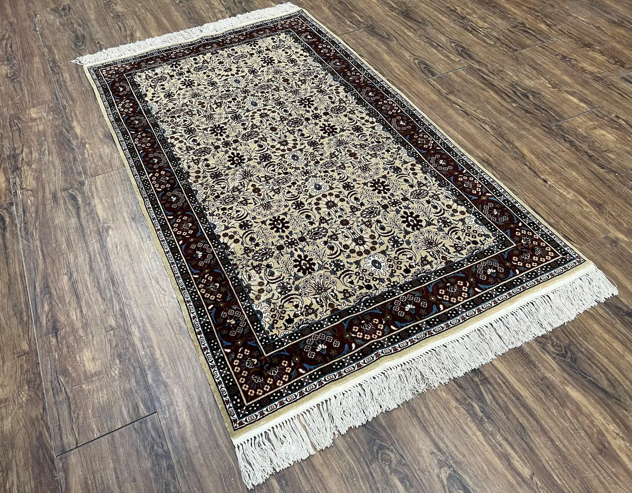 Fine Sino-Persian Silk Rug 3x5, High Quality Silk Carpet, Handmade Small Silk Rug, Allover Repeated Motif, Tan Maroon Blue Vintage Silk Rug by Jewel Rugs