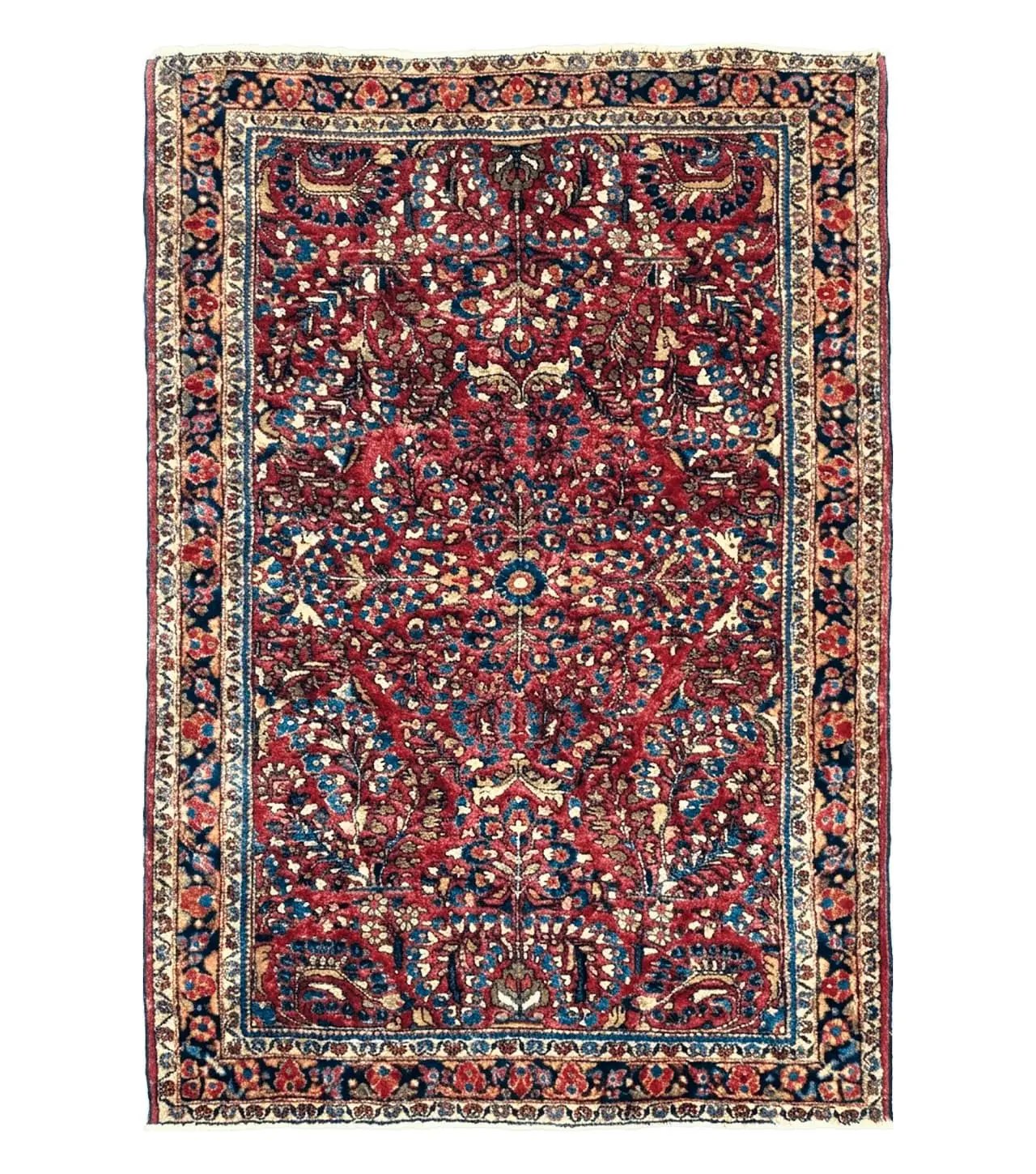 Antique Persian Sarouk Rug, Red, Allover Floral Pattern, Hand-Knotted, Wool, 3'4" x 4'10" by Jewel Rugs