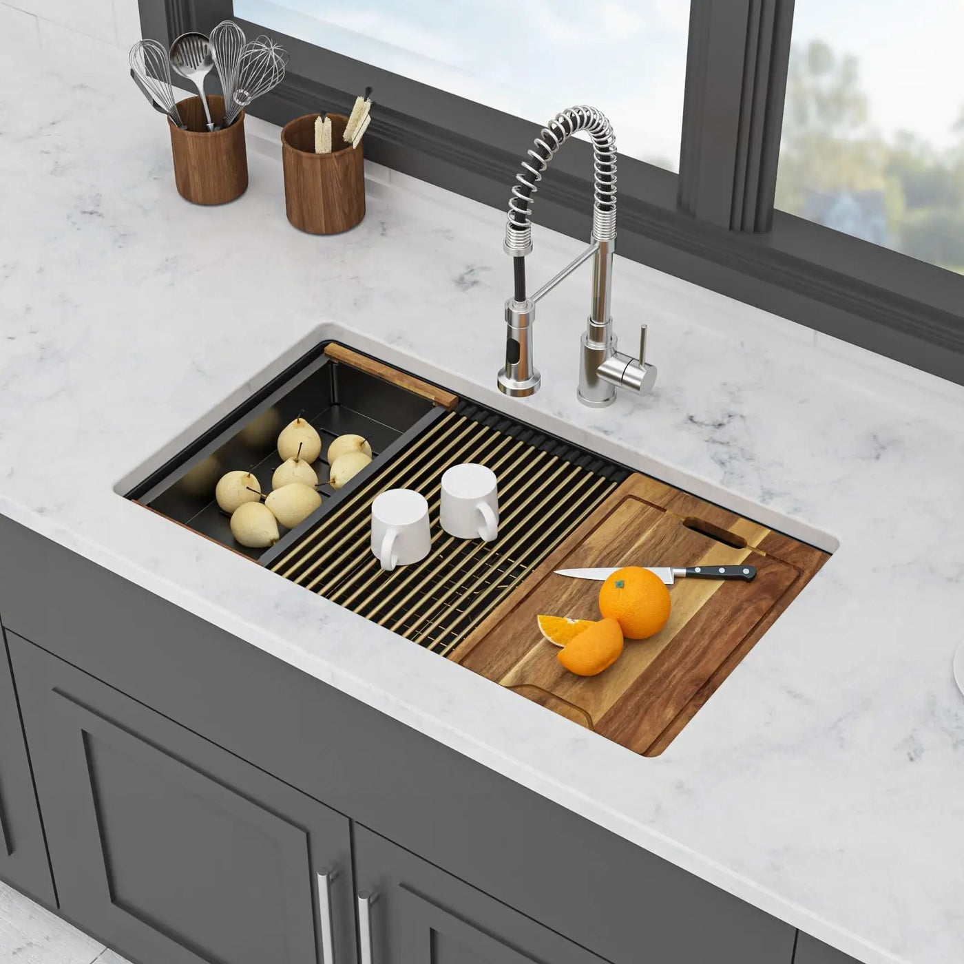 Quartz Composite Kitchen Sink With Undermount Design, Durable Single Bowl Workstation by HouseOfZazla