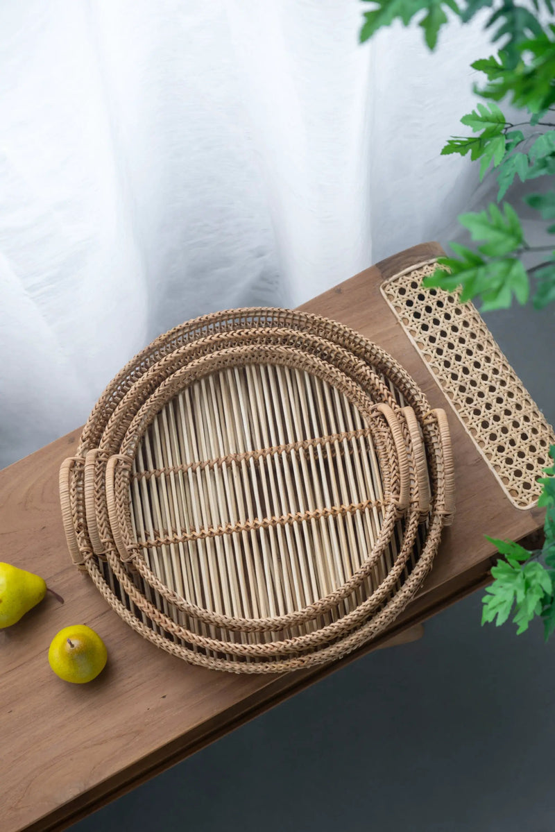Set of 3 Round Decorative Brown Bamboo Woven Trays with Handles by HouseOfZazla