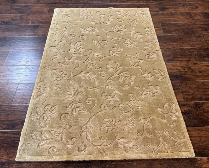 Modern Tibetan Rug 3.7 x 5.5, Carved Floral Design, Wool and Silk Highlights by Jewel Rugs