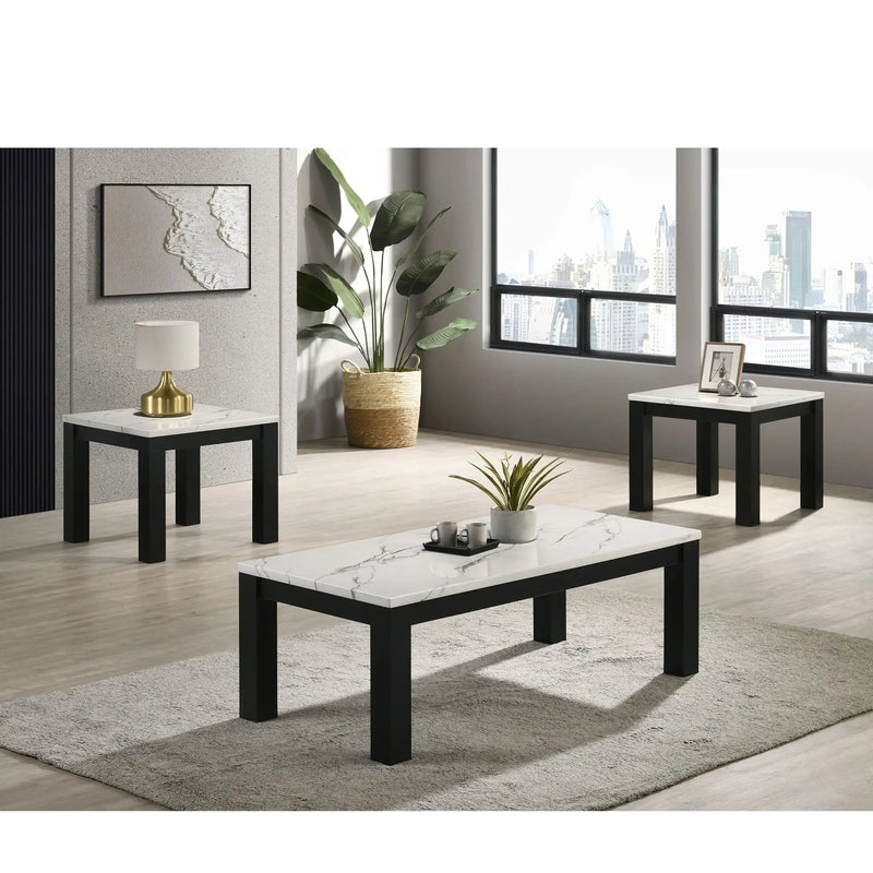 Modern 3 Piece Living Room Table Set With Faux Marble Top Wooden - Black / White by HouseOfZazla
