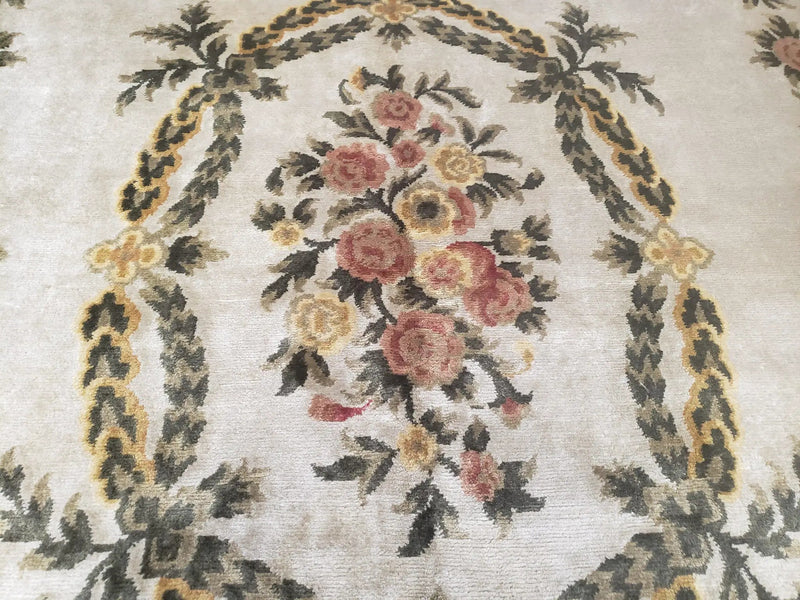 Aubusson Rug 10x14, Elegant French European Design, Vintage Handmade Carpet with Pile, Beige Floral Dining Room Rug, Living Room, Soft Wool by Jewel Rugs