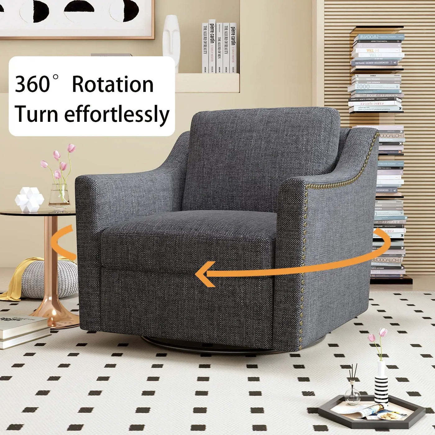 360 Degree Swivel Armchair, Skin Friendly Fabric, Ergonomic Design, Brass Nail Decorative Armchair by HouseOfZazla