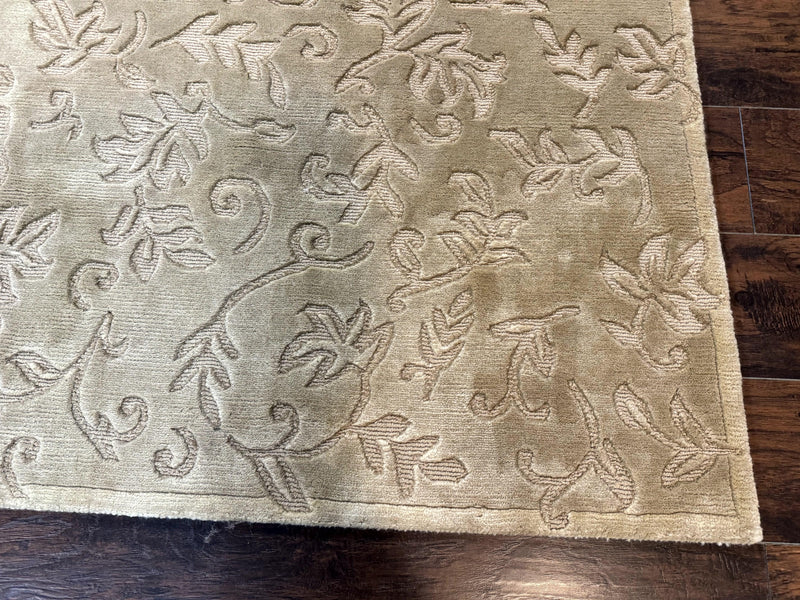 Modern Tibetan Rug 3.7 x 5.5, Carved Floral Design, Wool and Silk Highlights by Jewel Rugs