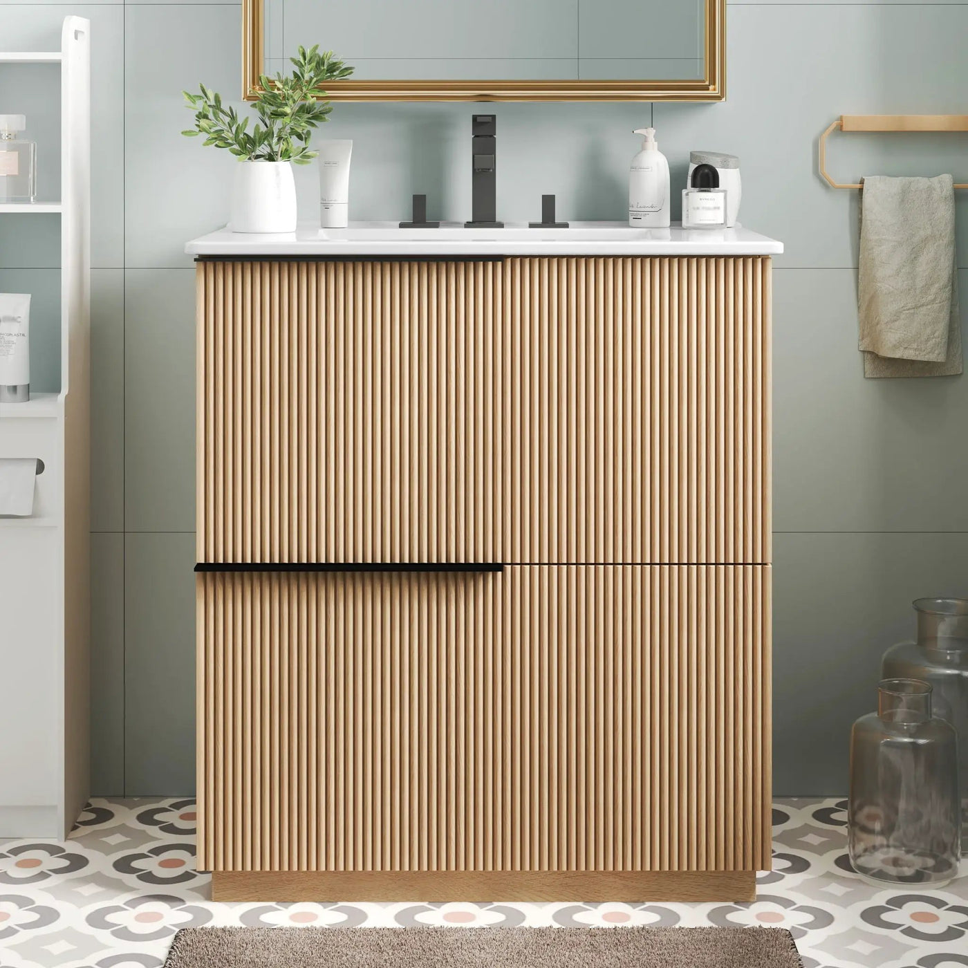 Fluted Bathroom Vanity With Ceramic Sink and Soft-Close Slides by HouseOfZazla