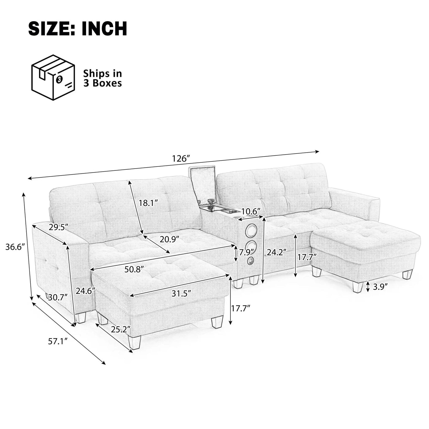 Modern Sectional Sofa U-Shaped With Movable Ottomans, tooth Speakers, LED Lights And Modular Storage by Unique Piece Furniture