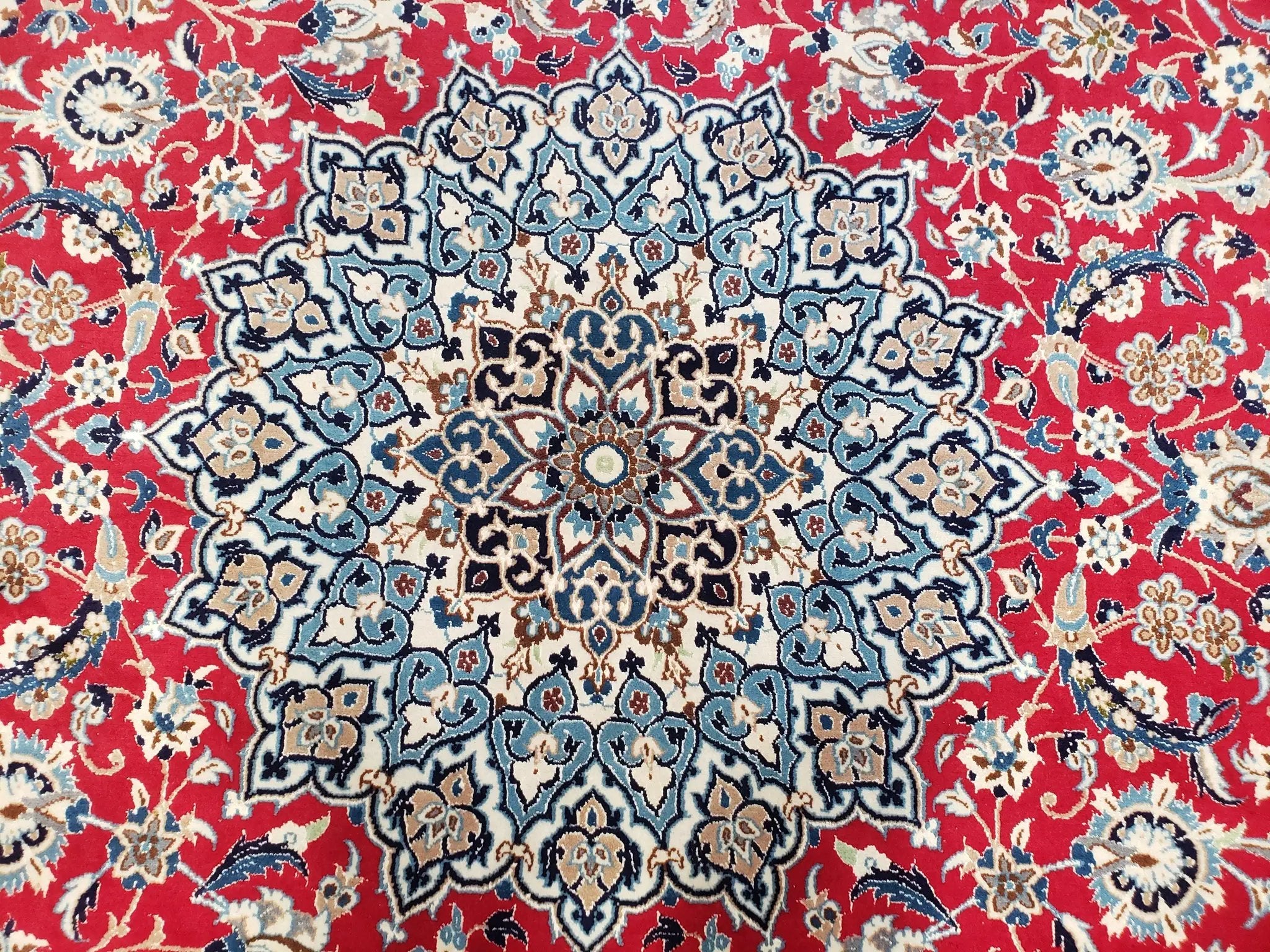 Persian Nain Rug 8x12, Red and Ivory, Signed by Jewel Rugs