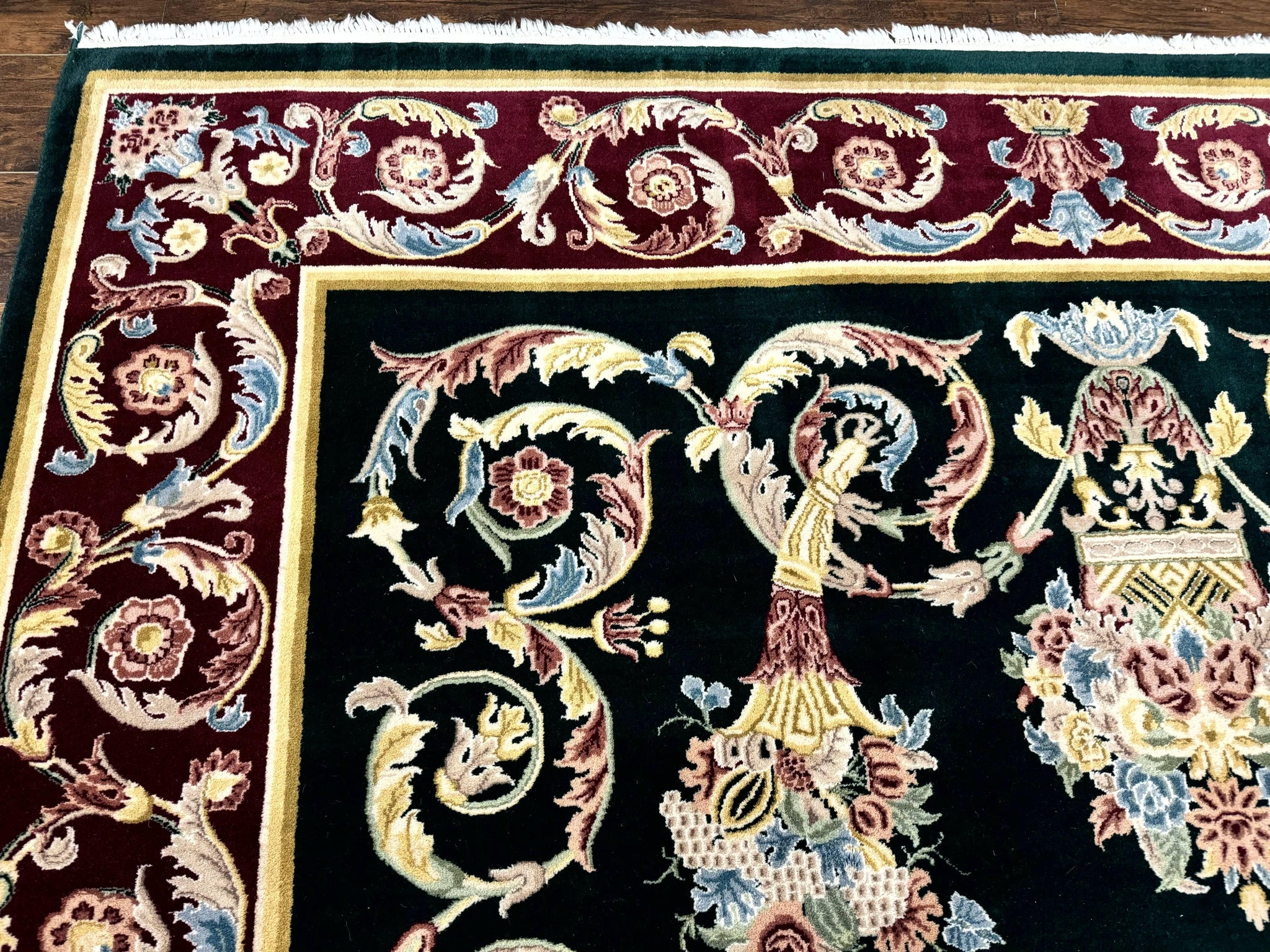 Aubusson Rug 9x12, Dark Green, European Design, Vintage Fine Handmade Carpet, Elegant by Jewel Rugs