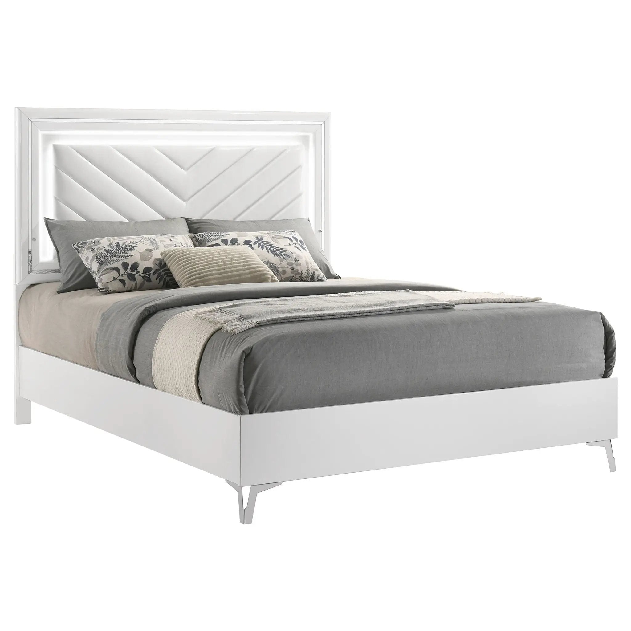Cassia Queen LED Panel Bed White High Gloss by Unique Piece Furniture
