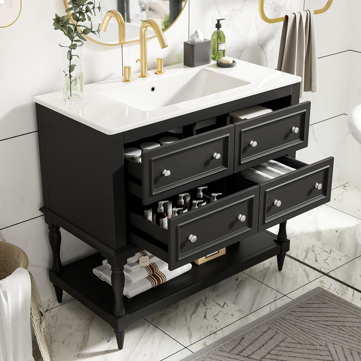36" Bathroom Vanity Cabinet with Undermount Sink and 4 Drawers - Beige, Black, White, photo 7 of 12