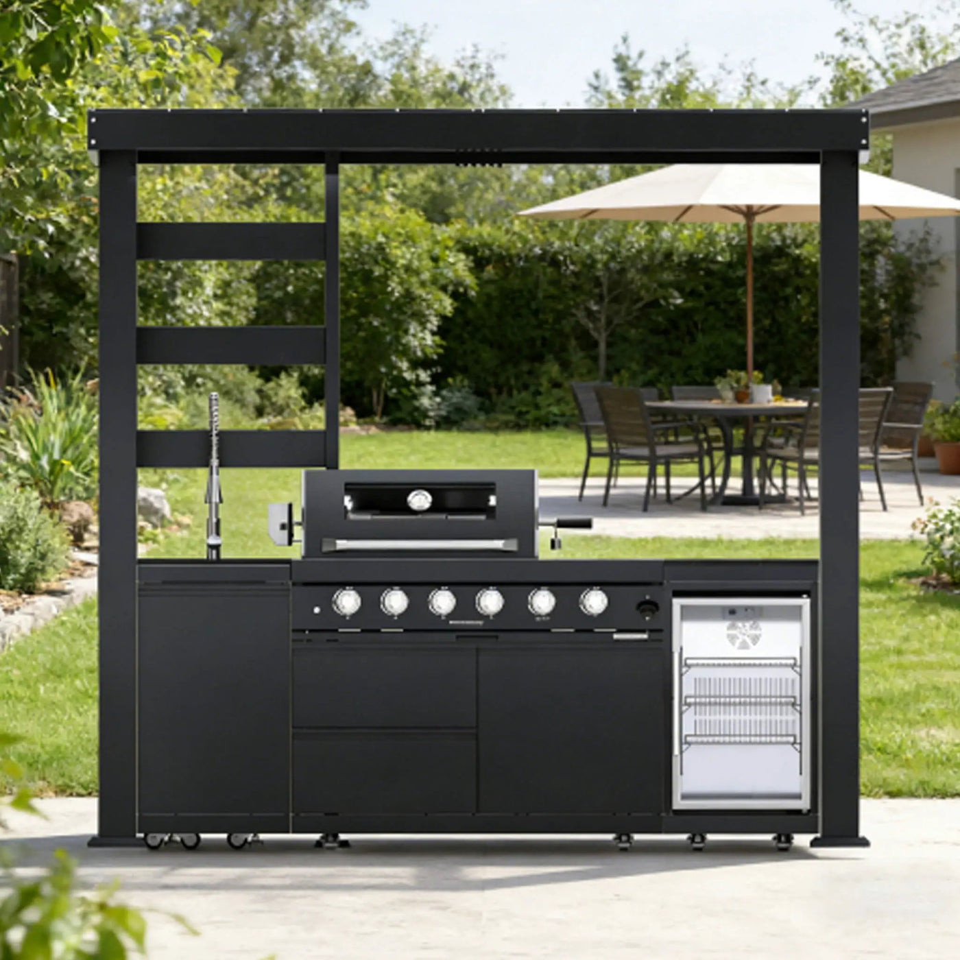 Castelle Flame Amalfi 97-Inch 4-Burner 72K BTU LP Outdoor Kitchen Grill Island With Wine Cooler, Rotisserie, Cabinets, And Granite Countertops (SAK70319) by SAKSBY WHOLESALE