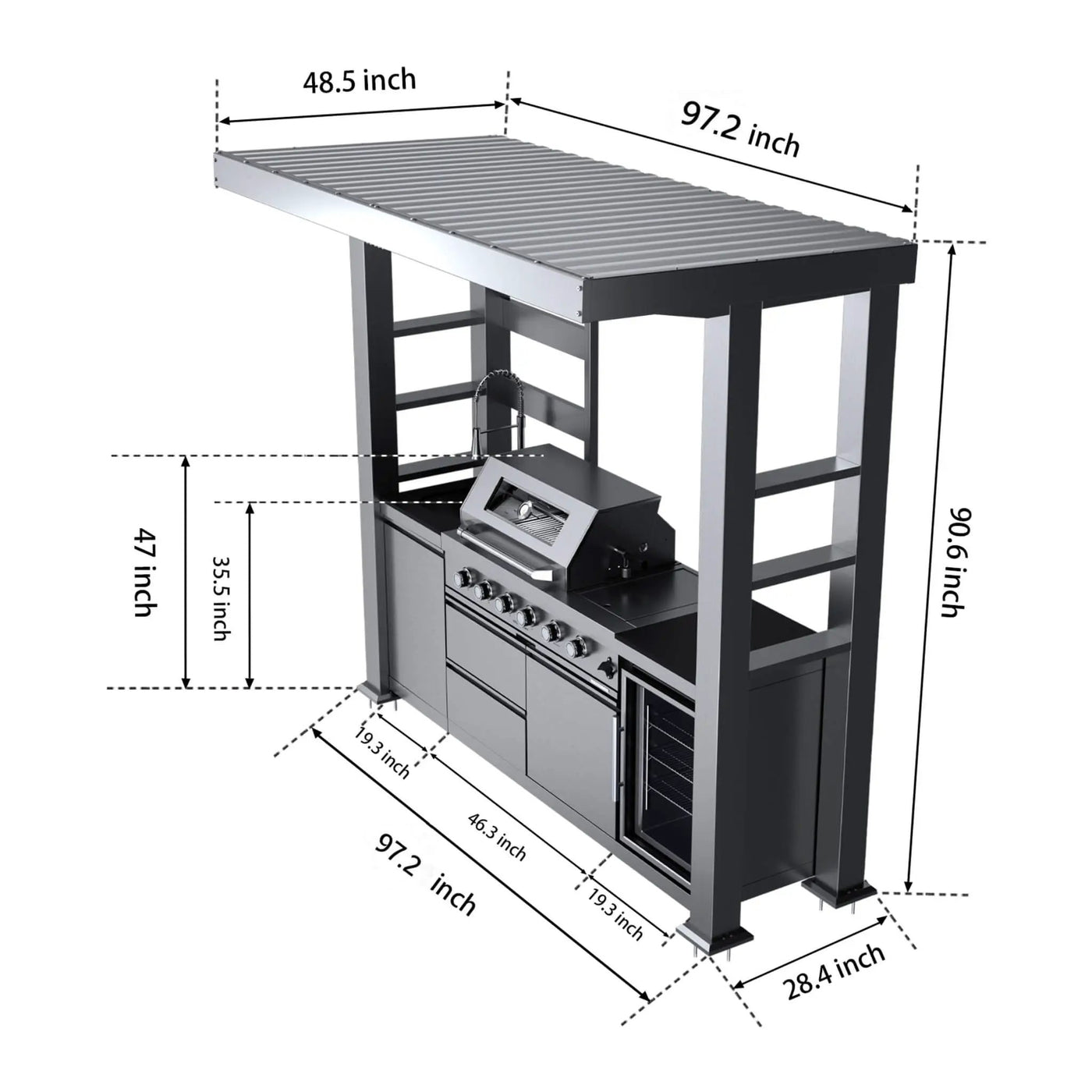 Castelle Flame Amalfi 97-Inch 4-Burner 72K BTU LP Outdoor Kitchen Grill Island With Wine Cooler, Rotisserie, Cabinets, And Granite Countertops (SAK70319) by SAKSBY WHOLESALE