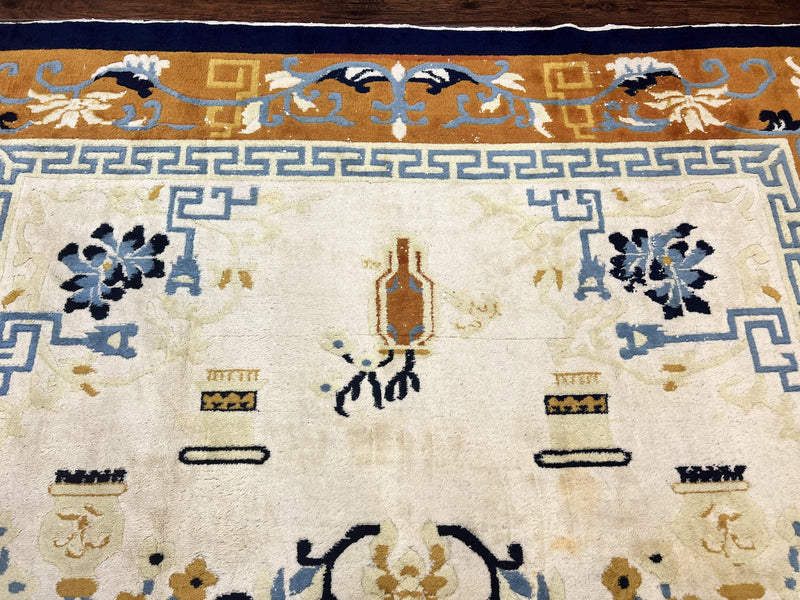 Indo Chinese Rug 9x12, Asian Oriental Carpet 9 x 12, Cream & Burnt Orange, Handmade Wool Vintage Art Deco Rug by Jewel Rugs