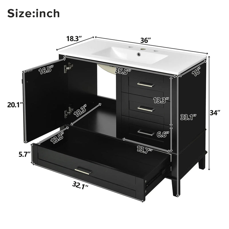 Bathroom Vanity, Modern Bathroom Cabinet With Sink Combo Set, Bathroom Storage Cabinet With A Soft Closing Door And 3 Drawers, Solid Wood Frame by Unique Piece Furniture