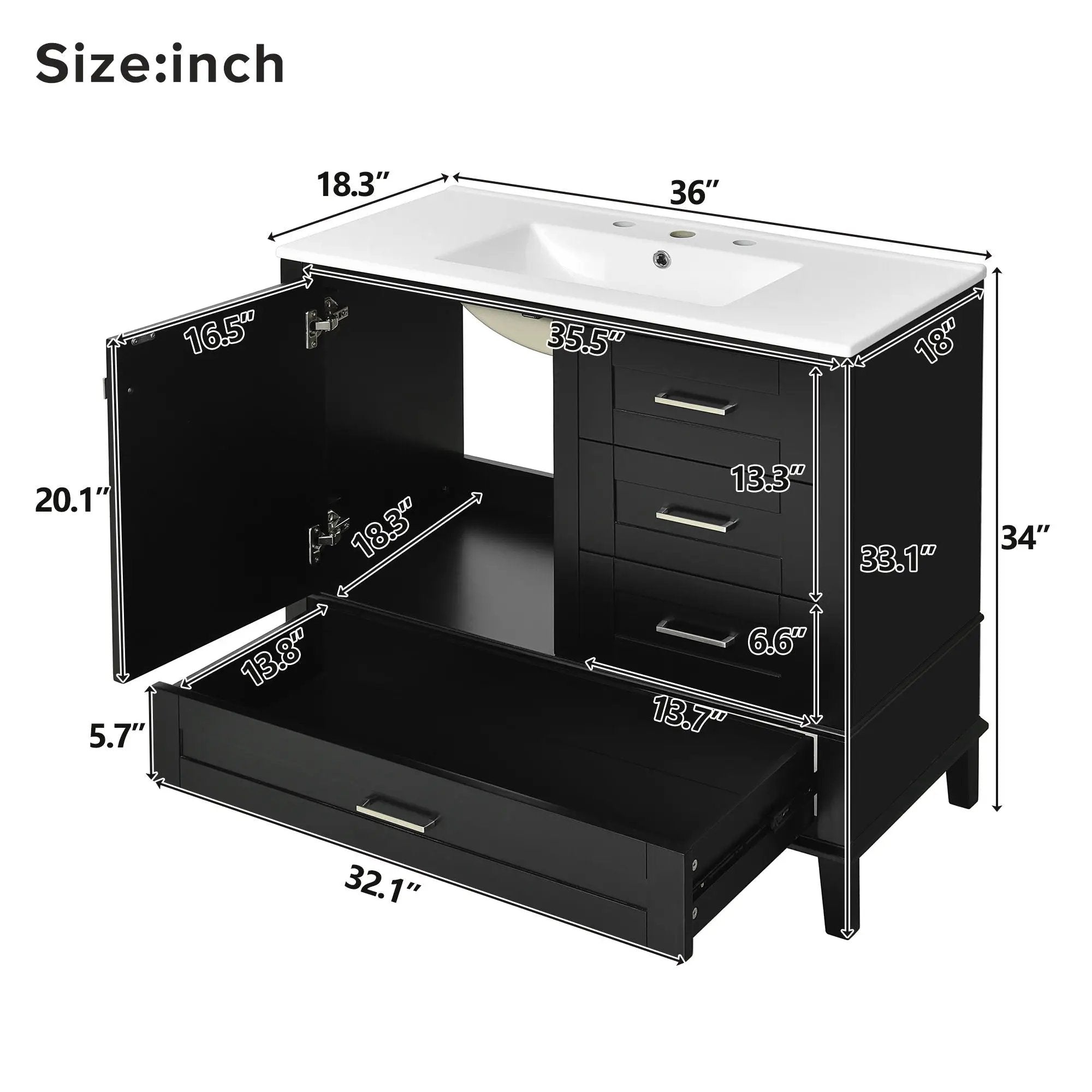 Bathroom Vanity, Modern Bathroom Cabinet With Sink Combo Set, Bathroom Storage Cabinet With A Soft Closing Door And 3 Drawers, Solid Wood Frame by HouseOfZazla
