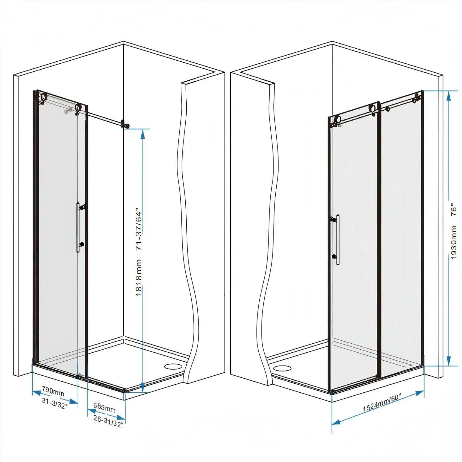 Frameless Shower Door, Smooth Sliding Tracks