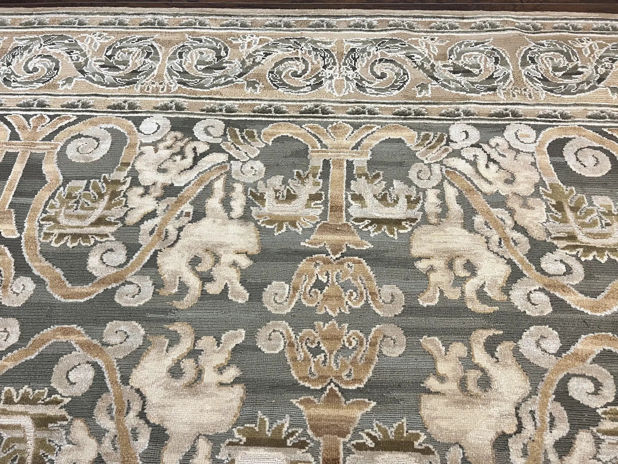 Spanish Rug 11x14, Wool Hand Knotted Vintage Carpet, Olive Green and Beige, Floral Allover, European Design, 11 x 14 Rug by Jewel Rugs