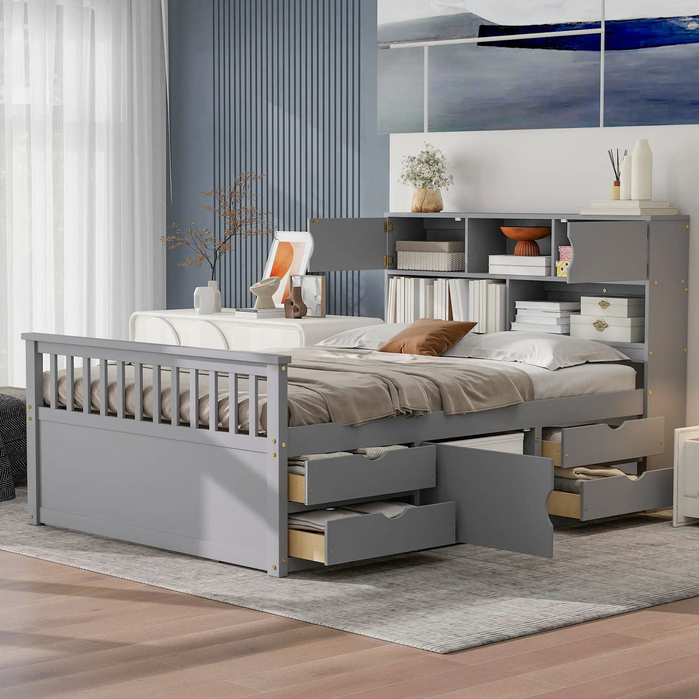 Captain Platform Bed Frame With Bookcase Headboard, 4 Drawers, Storage Shelves by HouseOfZazla