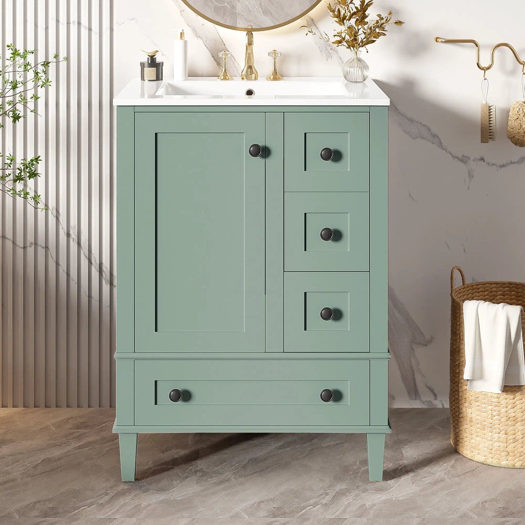 Bathroom Vanity With Integrated Basin, Soft Close Drawers, Door Mounted Double Layer Shelf by Unique Piece Furniture