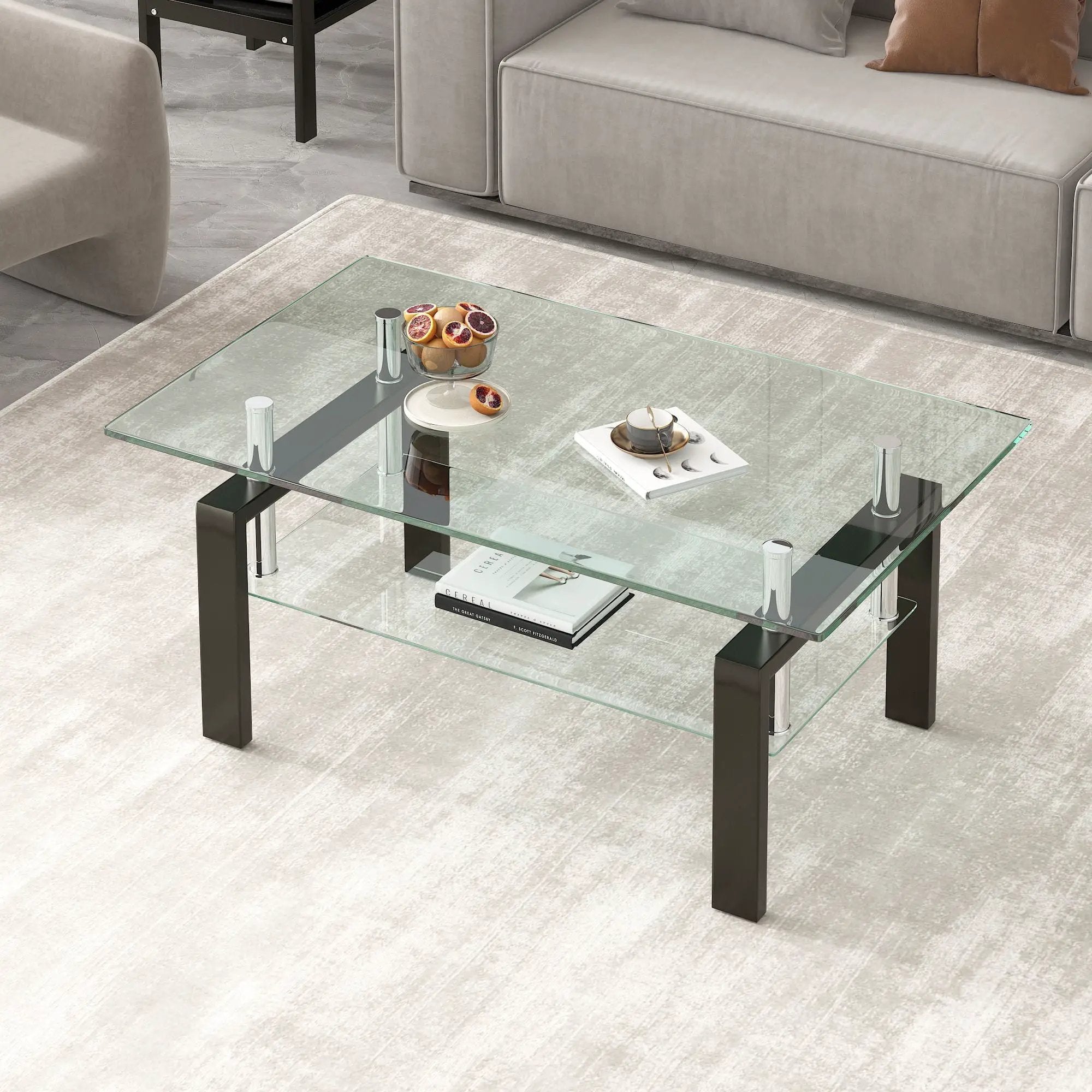 Tempered Clear Glass Coffee Table, 2-Layers Coffee Table Living Room Center Table - Black by Unique Piece Furniture