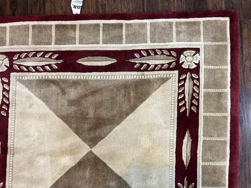 Indo Tibetan Rug 10x14, Nepali Carpet, Large Soft Wool Area Rug, Olive Tan Maroon, Contemporary Rug 10 x 14 ft Living Room Rug, Handmade Rug by Jewel Rugs