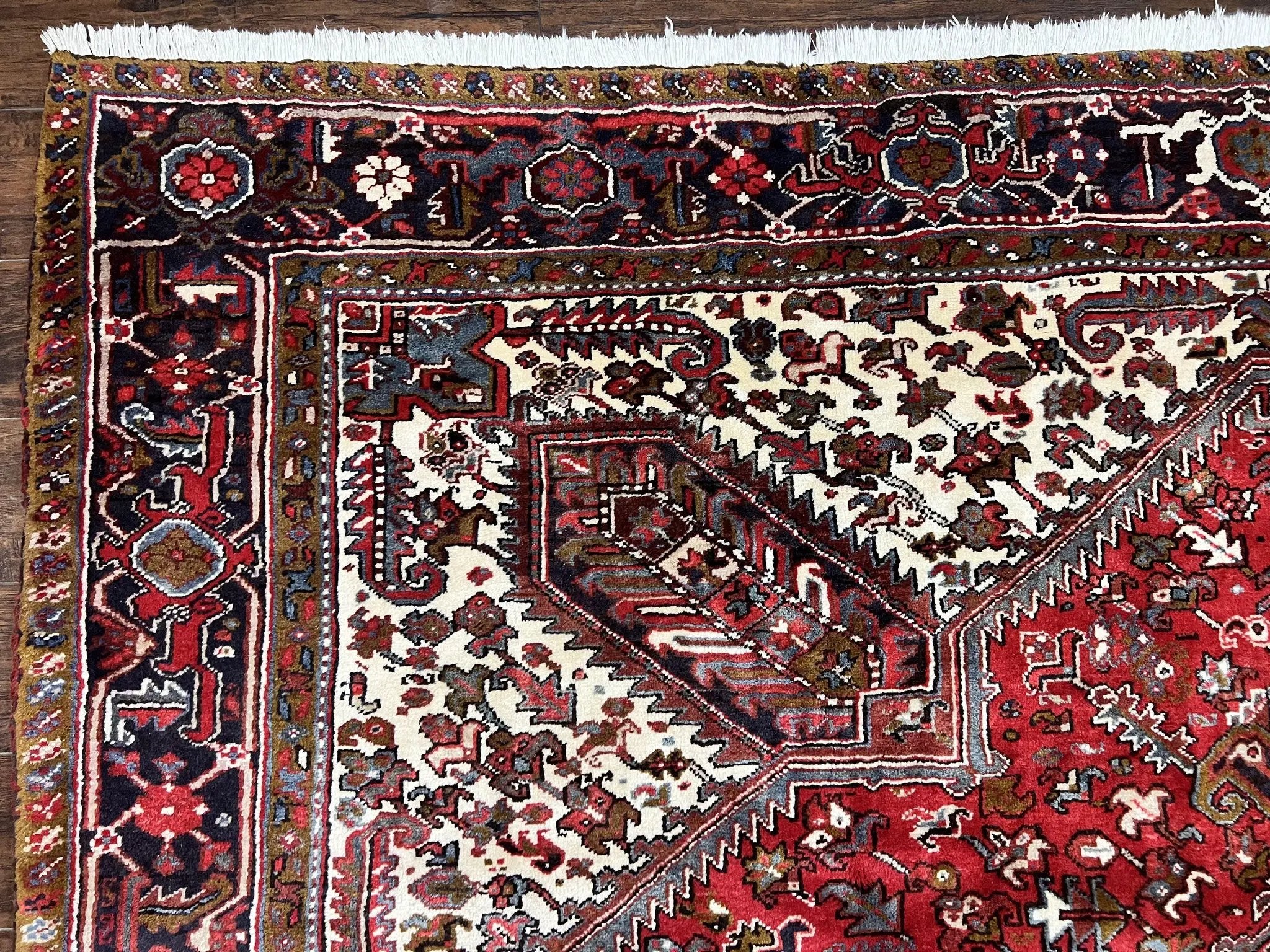 Large Persian Heriz Rug 10x13, Wool Hand Knotted Antique Carpet, Red and Ivory, Geometric Tribal Room Sized Rug, Decorative Oriental Rug by Jewel Rugs