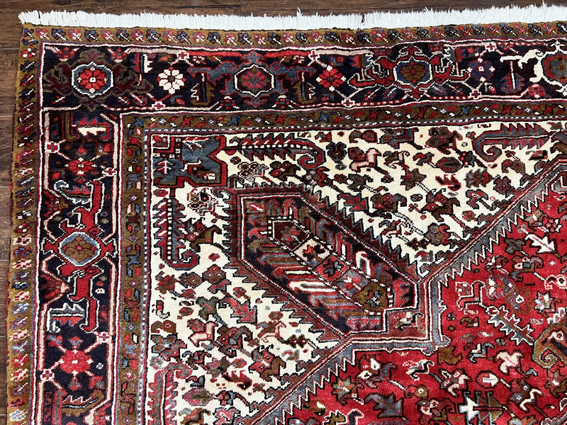 Large Persian Heriz Rug 10x13, Wool Hand Knotted Antique Carpet, Red and Ivory, Geometric Tribal Room Sized Rug, Decorative Oriental Rug by Jewel Rugs