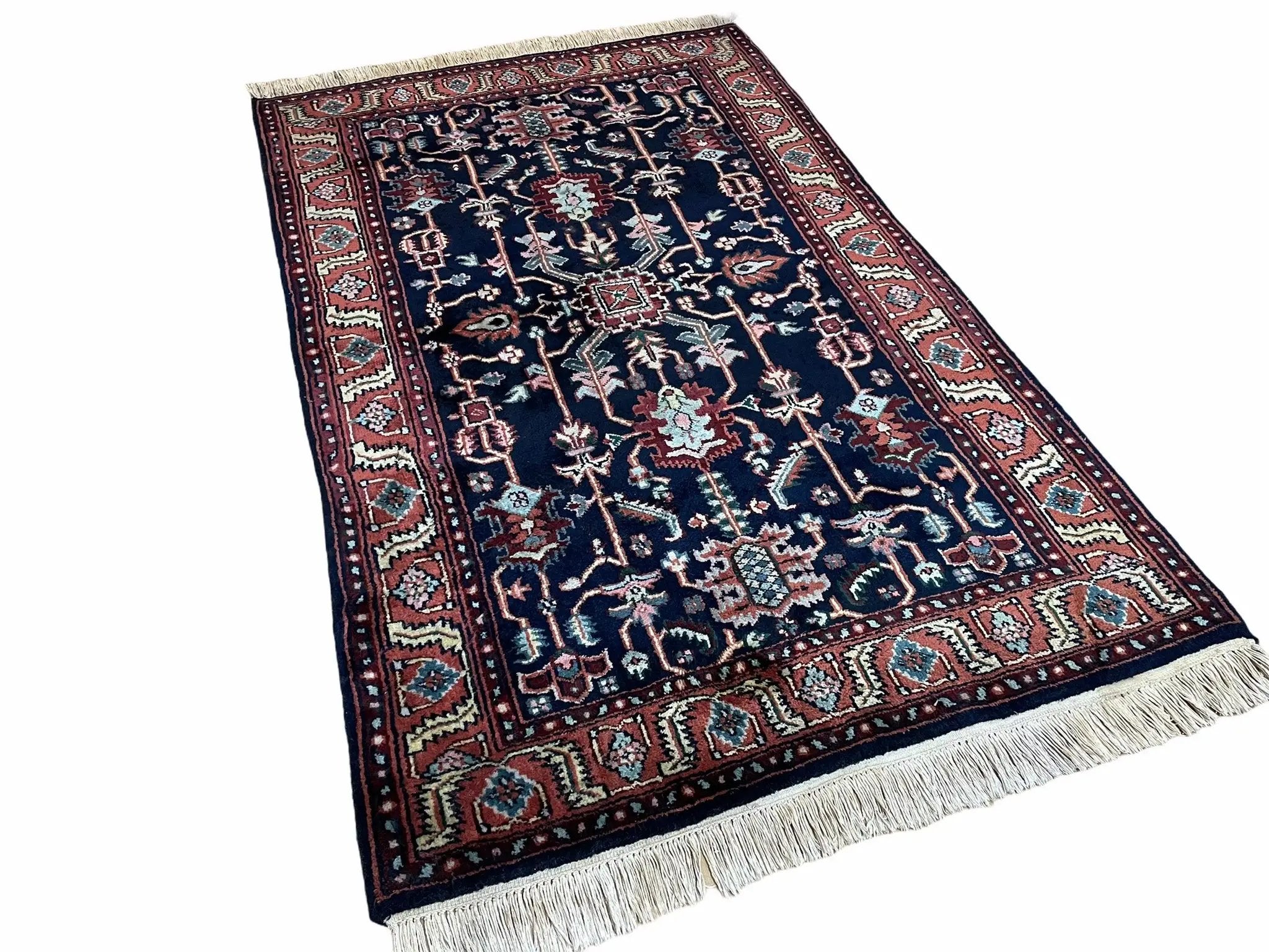 4x6 Vintage Handmade Wool Geometric Rug Organic Dyes Blue Red Hand-Knotted Rug by Jewel Rugs