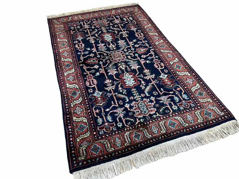 4x6 Vintage Handmade Wool Geometric Rug Organic Dyes Blue Red Hand-Knotted Rug by Jewel Rugs