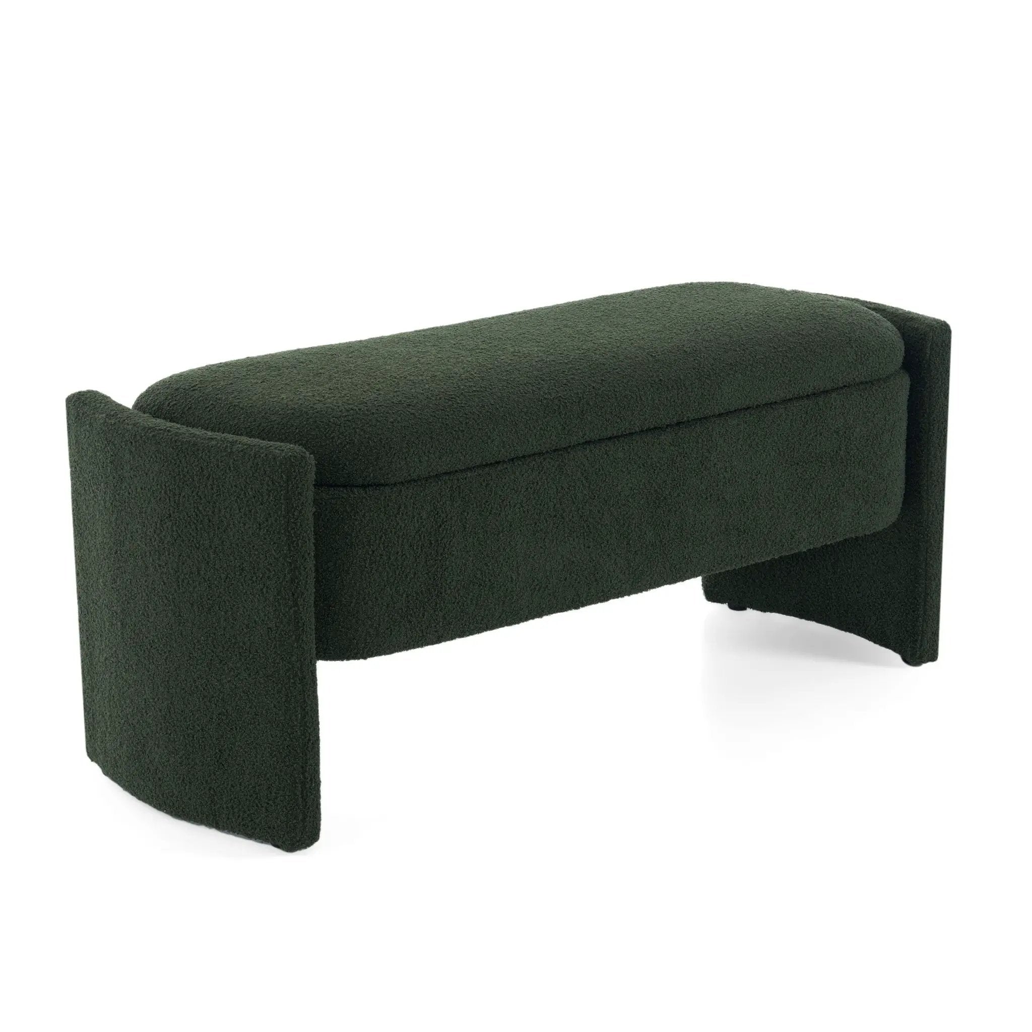 Elegant Long Shaped Storage Ottoman Bench, Boucle Material, Dark Green by HouseOfZazla