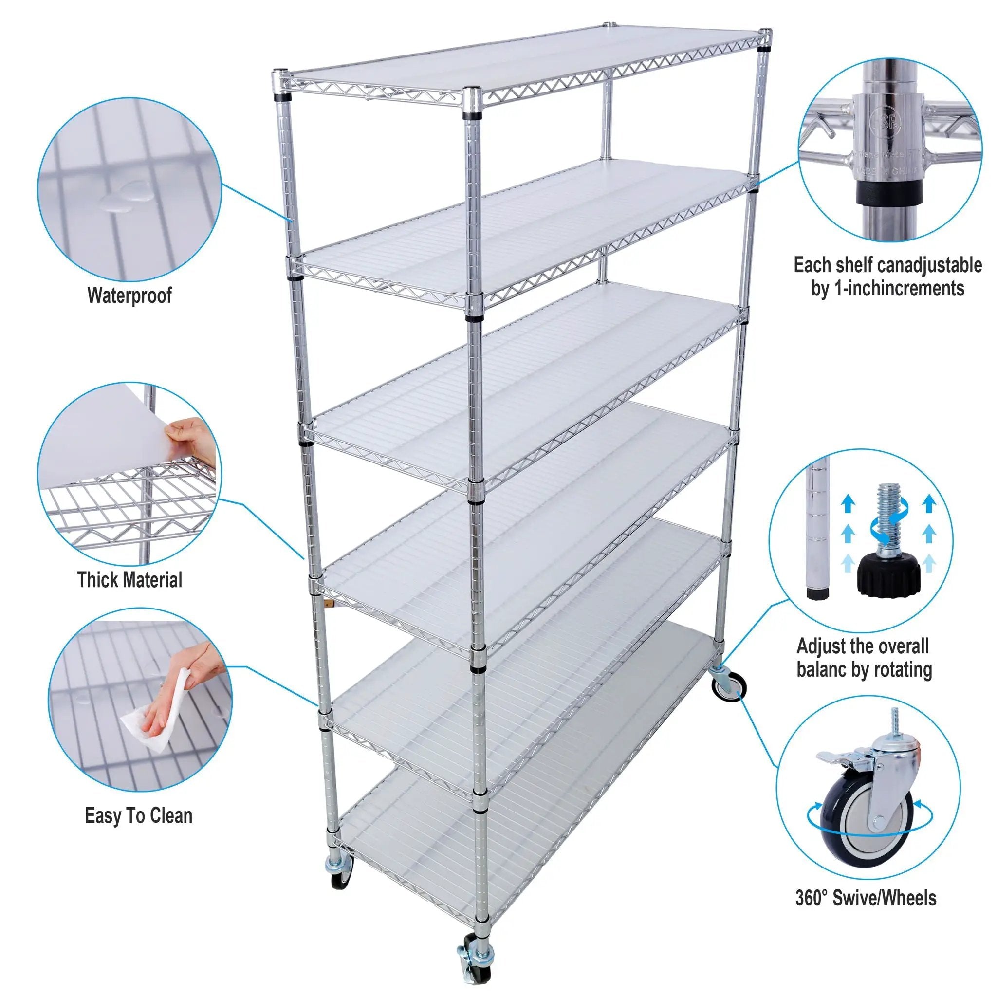 6 Tier 6000Lbs Capacity Nsf Metal Shelf Wire Shelving Unit, Heavy Duty Adjustable Storage Rack With Wheels & Shelf Liners For Commercial Grade Utility Steel Storage Rack by Unique Piece Furniture